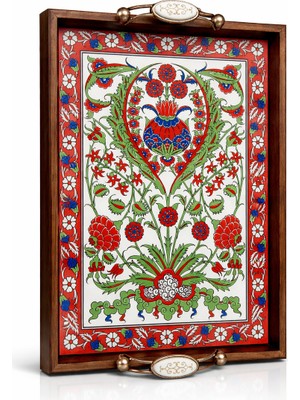 Bulutretail El Yapımı Kütahya Çini Desenli Ahşap Tepsi 42X27 cm | Yerli Üretim Dekoratif & Servis Tepsisi