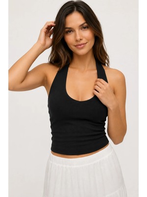 Hazel Kadın Siyah Halter Yaka Crop Penye Bluz & Atlet