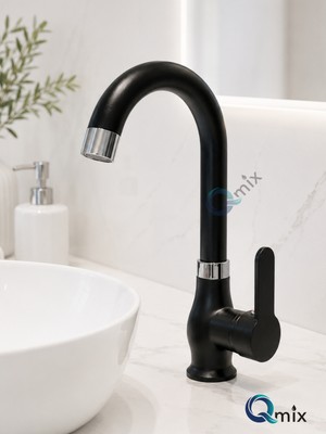 Qmix Siyah - Krom Pirinç Rustik Gövde Premium Banyo Lavabo Bataryası Çift Su Girişli