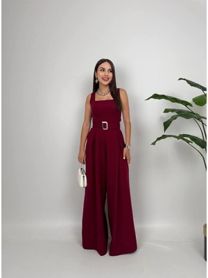 Moda Durağı Rosso Kadın Kemer Detaylı Askılı Bol Paça Tulum