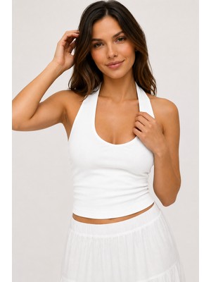 Hazel Kadın Beyaz Halter Yaka Crop Penye Bluz & Atlet