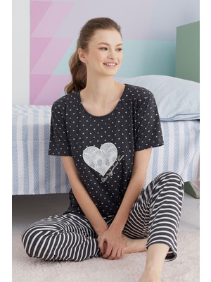 Siyah İnci Çok Renkli Pamuklu Örme Pijama Takım
