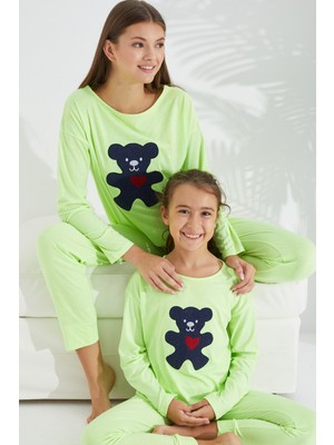 Siyah İnci Neon Yeşil Pamuklu Likralı Örme Pijama Takım
