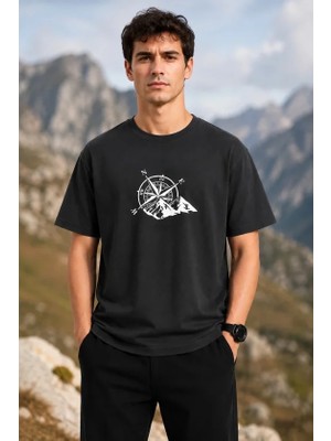 MiraLive Erkek Outdoor Pusula Dağ Baskılı Kısa Kollu Oversize T-Shirt - Siyah