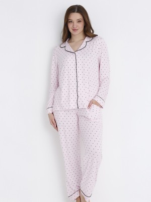 Dofi Kadın Puantiyeli Düğmeli S-Xl Pijama Takımı - Pembe