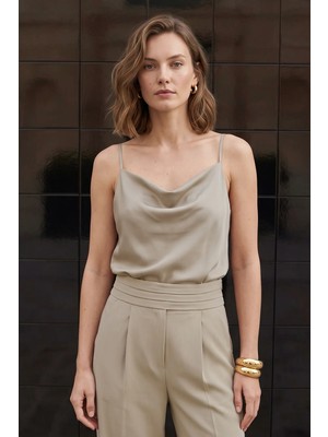 Sateen Degaje Yaka Saten Bluz - Koyu Bej