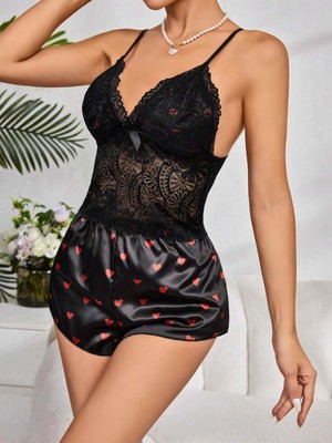 Bezos Kadın Siyah Kırmızı Kalp Desenli Saten Şort Pijama Takımı 2232
