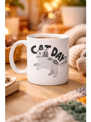 Bezos Cat Day Desenli Porselen Kupa Model 67 – Sevimli Figürlü, Günlük Kullanıma Uygun, Kahve &