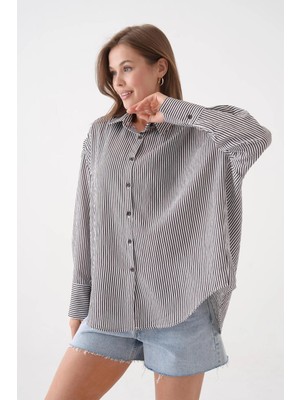 Minaaise Kadın Acı Kahve Modal Kumaş Oversize Çizgili Gömlek 29182