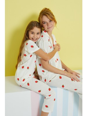 Siyah İnci Ekru Çok Renkli Örme Düğmeli Pijama Takım