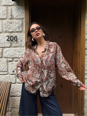 Minaaise Kadın Turkuaz Viskon Kumaş Oversize Desenli Gömlek 31063