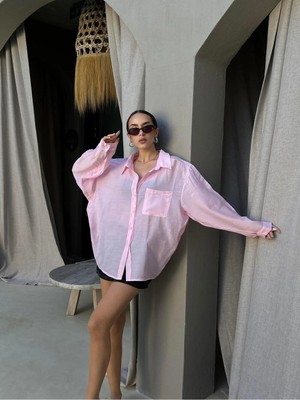 Minaaise Kadın Pembe Modal Kumaş Oversize Gömlek 29181