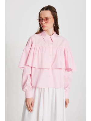 Minaaise Kadın Pembe Fırfırlı Pamuk Kumaş Geniş Kesim Gömlek 29136
