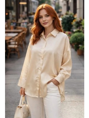 Minaaise Taş Oversize Saten Kadın Gömlek 25142