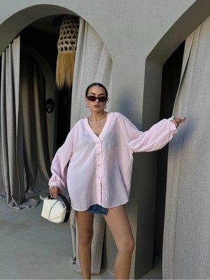 Minaaise Kadın Pembe Modal Kumaş Oversize Kesim Çizgili Gömlek 29208