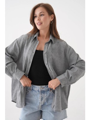 Minaaise Kadın Gri Batik Desenli Tunik Oversize Gömlek 29180