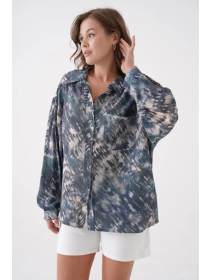 Minaaise Kadın Petrol Batik Desen Modal Kumaş Oversize Gömlek 29188