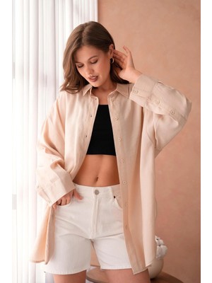 Minaaise Kadın Taş Modal Kumaş Uzun Asimetrik Kesim Oversize Tunik Gömlek 29005
