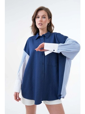 Minaaise Kadın Indigo Kot ve Çizgili Kumaş Garnili Oversize Tasarım Gömlek 29068