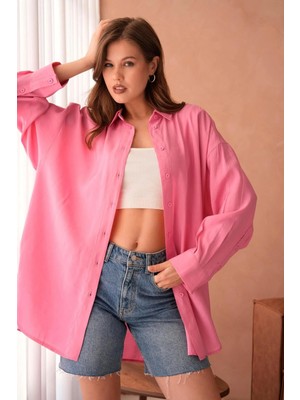 Minaaise Kadın Pembe Modal Kumaş Uzun Asimetrik Kesim Oversize Tunik Gömlek 29005