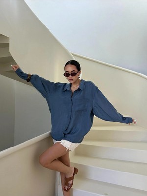 Minaaise Kadın Indigo Modal Kumaş Oversize Gömlek 29181