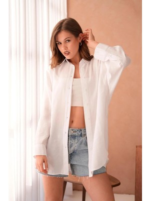 Minaaise Kadın Beyaz Modal Kumaş Uzun Asimetrik Kesim Oversize Tunik Gömlek 29005