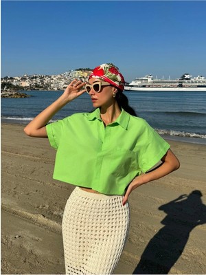 Minaaise Yeşil Oversize Kısa Kollu Kısa Pamuk Gömlek 27311