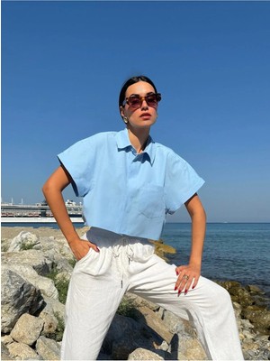 Minaaise Mavi Oversize Kısa Kollu Kısa Pamuk Gömlek 27311
