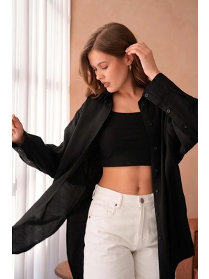 Minaaise Kadın Siyah Modal Kumaş Uzun Asimetrik Kesim Oversize Tunik Gömlek 29005