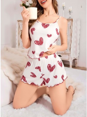 Bezos Kadın Beyaz Kalp Desenli Şortlu Gecelik Pijama Takımı 5052