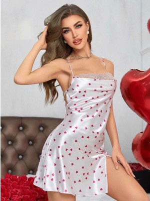 Bezos Kadın Beyaz Fuşya Kalp Desenli Saten Gecelik 2219