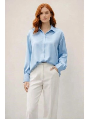 Minaaise Mavi Oversize Saten Kadın Gömlek 25142