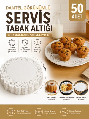 Ufak Tefek Şeyler 50 Adet 30 cm Dantel Görünümlü Kağıt Servis Tabak Altlığı - Yemek ve Pasta Supla Doyley