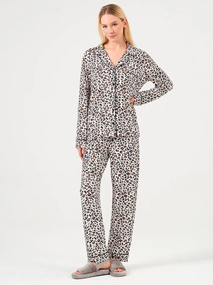 Dofi Kadın Düğmeli Leoparlı S-Xl Pijama Takımı - Kahverengi