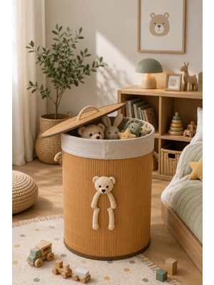Naturel Dekor Bambu Peluş Ayıcık Detaylı Silindir Kirli Çamaşır Sepeti, Oyuncak Sepeti 35X60 Cm, Katlanabilir Bebek, Çocuk, Bohem, Modern