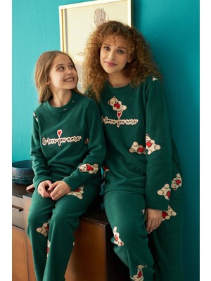 Siyah İnci Alt-Üst Polar Nakışlı Pijama Takım