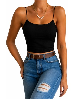 Hazel Kadın Siyah Askılı Crop Penye Bluz & Atlet