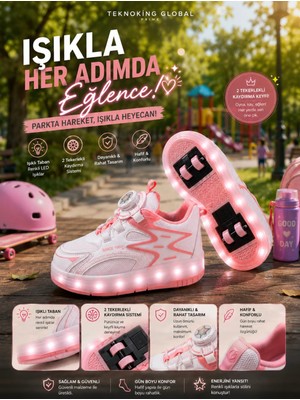 Teknoking Global     Çıkarılabilir Tekerlekli LED Işıklı Çocuk Paten Ayakkabısı Pembe