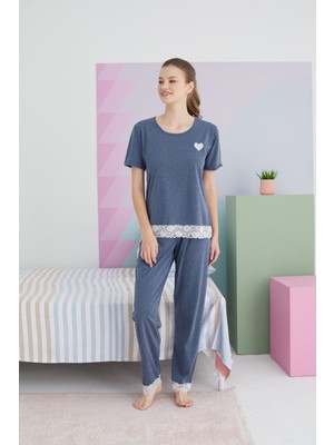 Siyah İnci Indigo Pamuklu Örme Pijama Takım