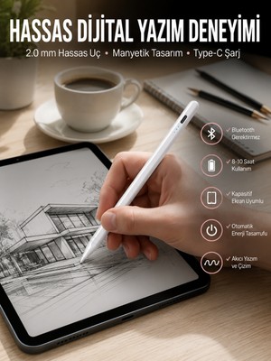 AyrStore Dokunmatik Kalem Beyaz Şarjlı Yedek Uçlu Android ve Ios Uyumlu