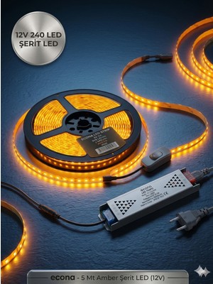 Econa Mutfak Dolabı Tezgah Üstü Için 5 Metre Amber Şerit LED Işık Adaptörlü Anahtarlı Tak Çalıştır