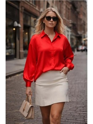 Minaaise Kırmızı Oversize Saten Kadın Gömlek 25142