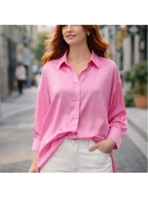 Minaaise Pembe Oversize Saten Kadın Gömlek 25142