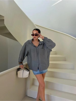 Minaaise Kadın Antrasit Modal Kumaş Oversize Gömlek 29181