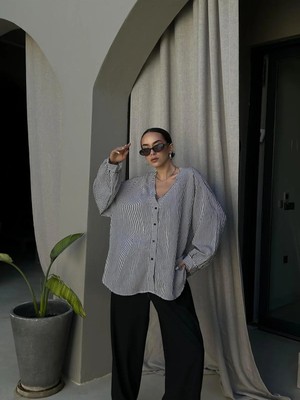 Minaaise Kadın Acı Kahve Modal Kumaş Oversize Kesim Çizgili Gömlek 29208