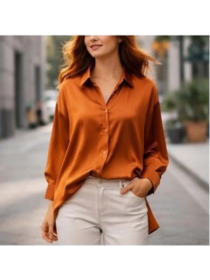 Minaaise Taba Oversize Saten Kadın Gömlek 25142