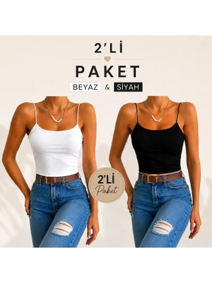 Hazel Kadın Beyaz-Siyah Askılı Crop Penye Bluz & Atlet 2'li Set