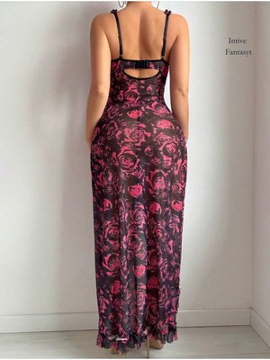 Intive Lingerie Intive Fantasy Pembe/siyah Gül Desenli Yandan Derin Yırtmaçlı Fırfır Kollu Maksi Romantik Gecelik