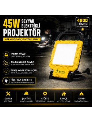 Repplam Horoz 45W Taşınabilir LED Projektör Beyaz Işık Seyyar Projektör Fişli Projektör