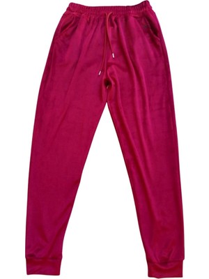 Royaleks Parlak Kadife Cepli Pantolon Eşofman Pijama Altı Unisex Lastikli Paça Bordo